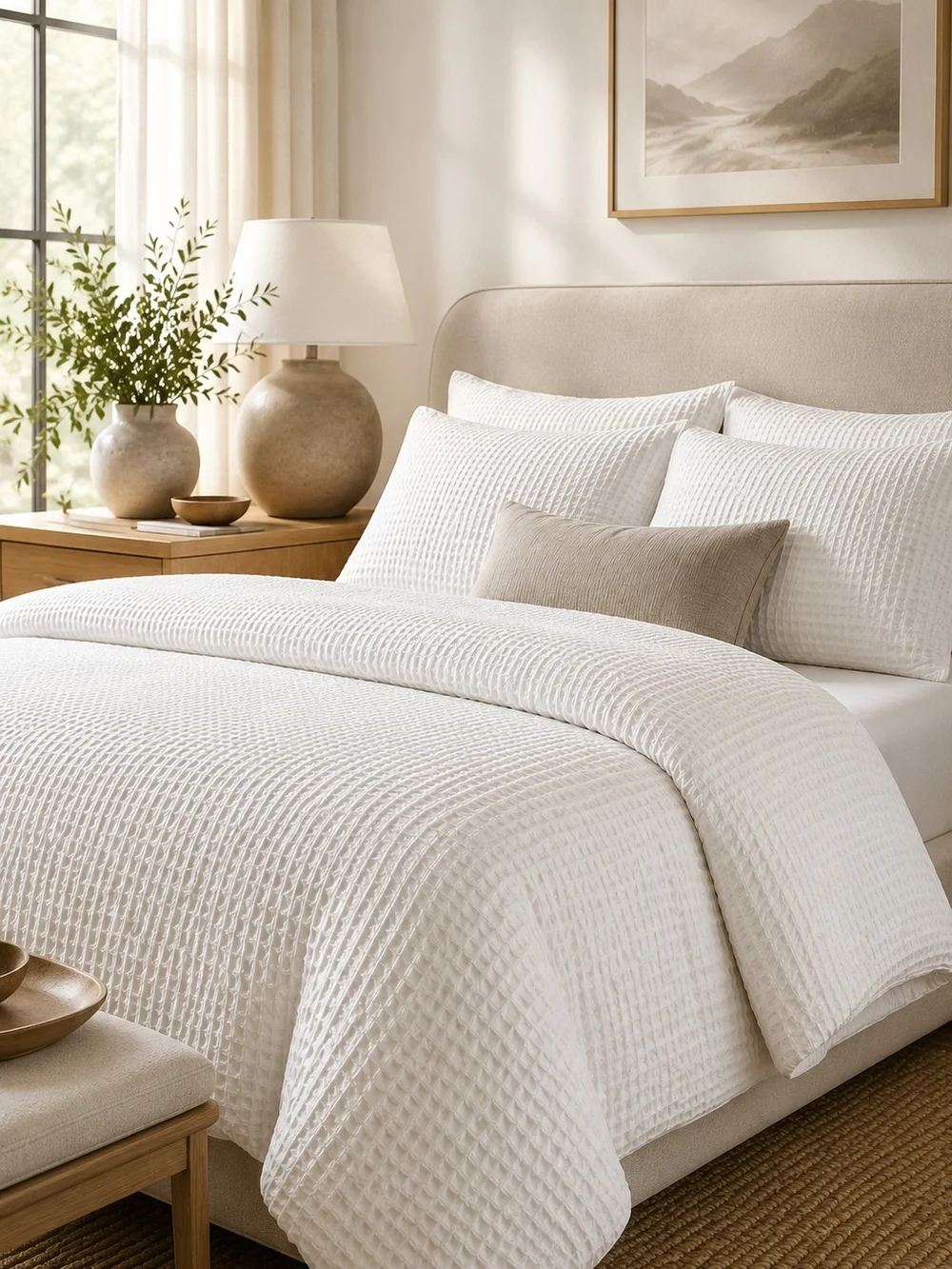 Quince Organic Cotton Waffle Duvet Cover Set White Full/Queen EUC 3 Pc
